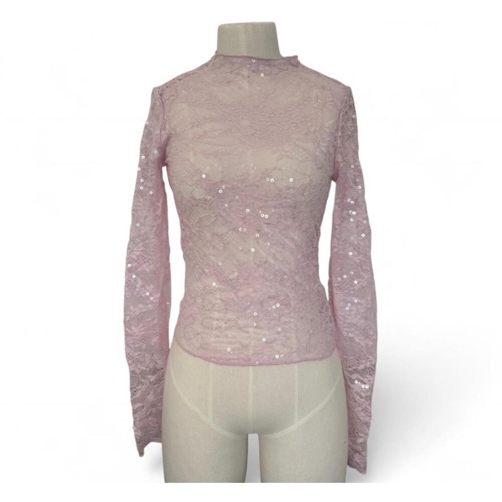 y2k Wild Fable Sequin Light Pink Sheer Mesh Lace Floral Long Sleeve Top